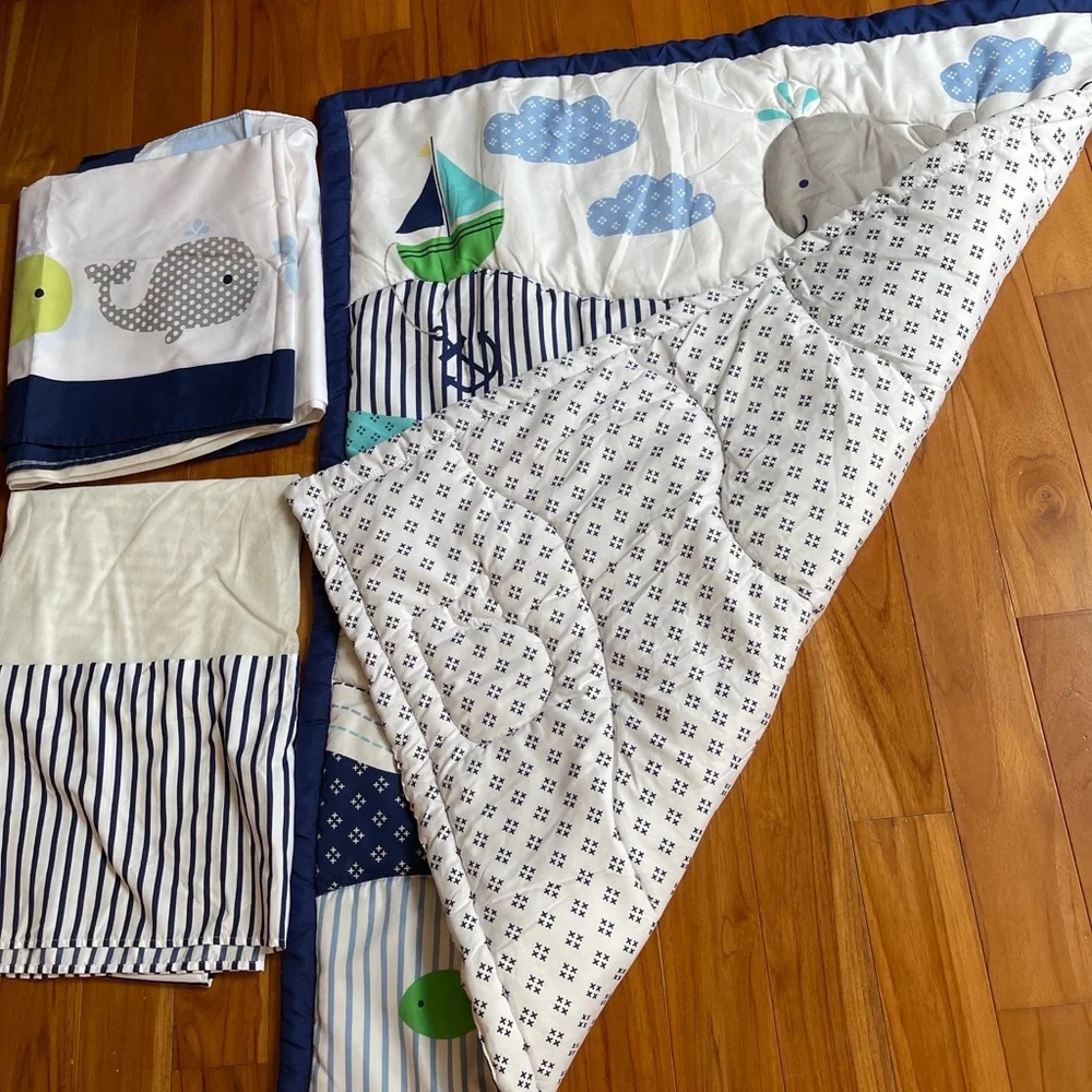 Nursery crib set Nautical Baby Quilt & 2 Crib Skirts BOAT ANCHOR WHALE S…